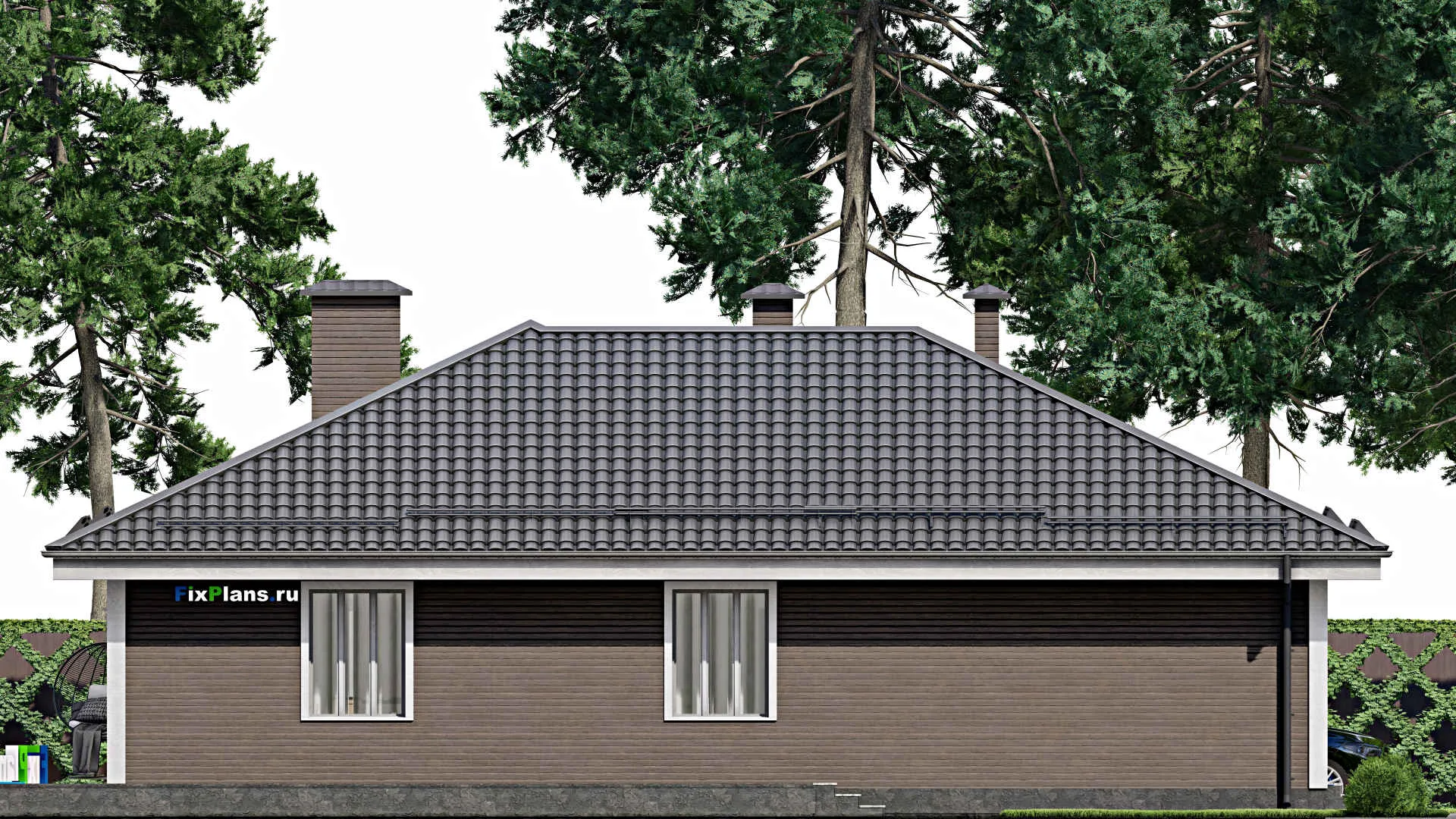 F-9665 - Проект одноэтажного дома 18 на 19, площадью 240 м² с террасой, гаражом на 1 машину и 3 спальнями