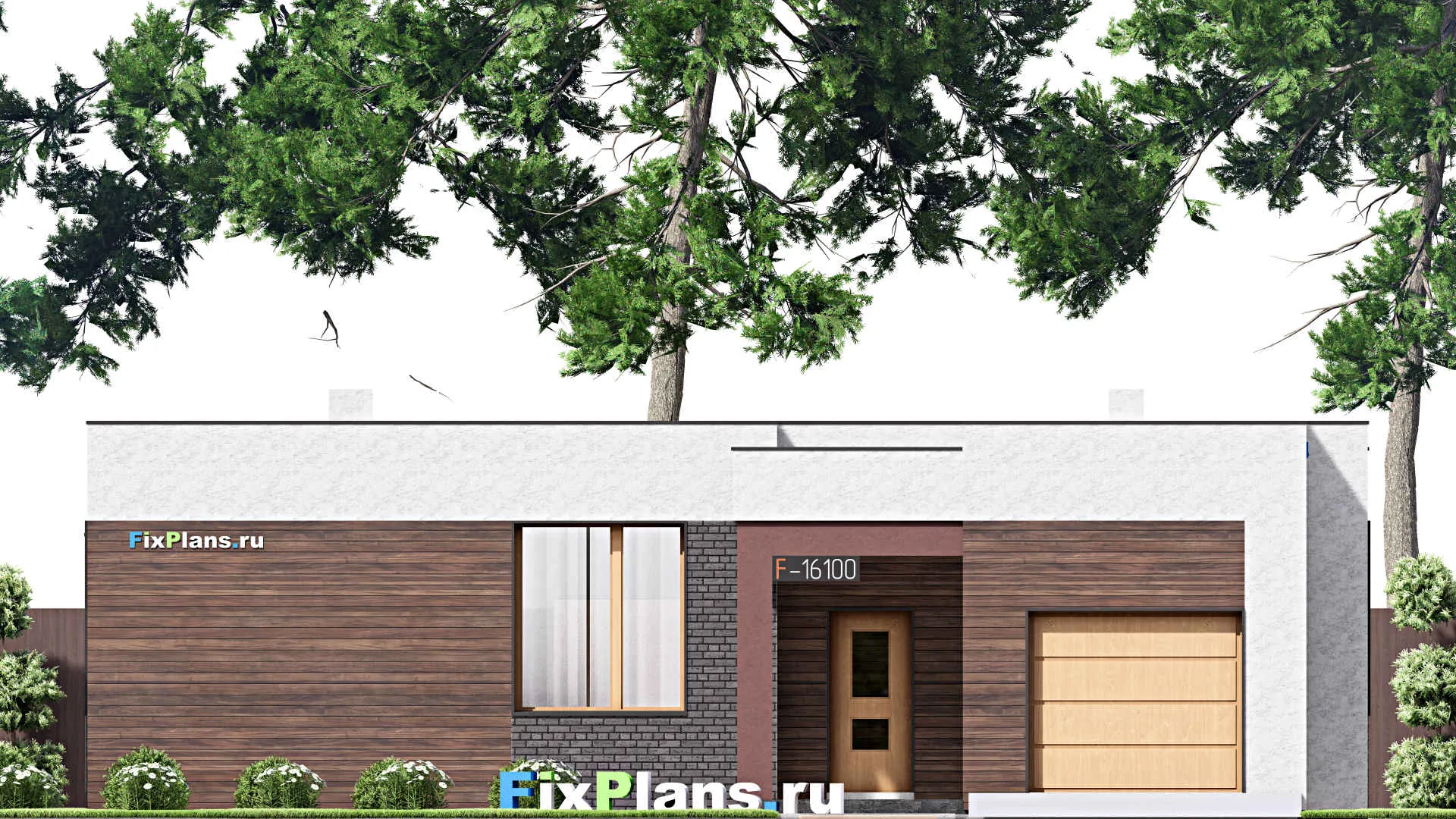 F-16100 - Проект одноэтажного дома 15 на 18, площадью 170 м² с террасой, гаражом на 1 машину и 3 спальнями