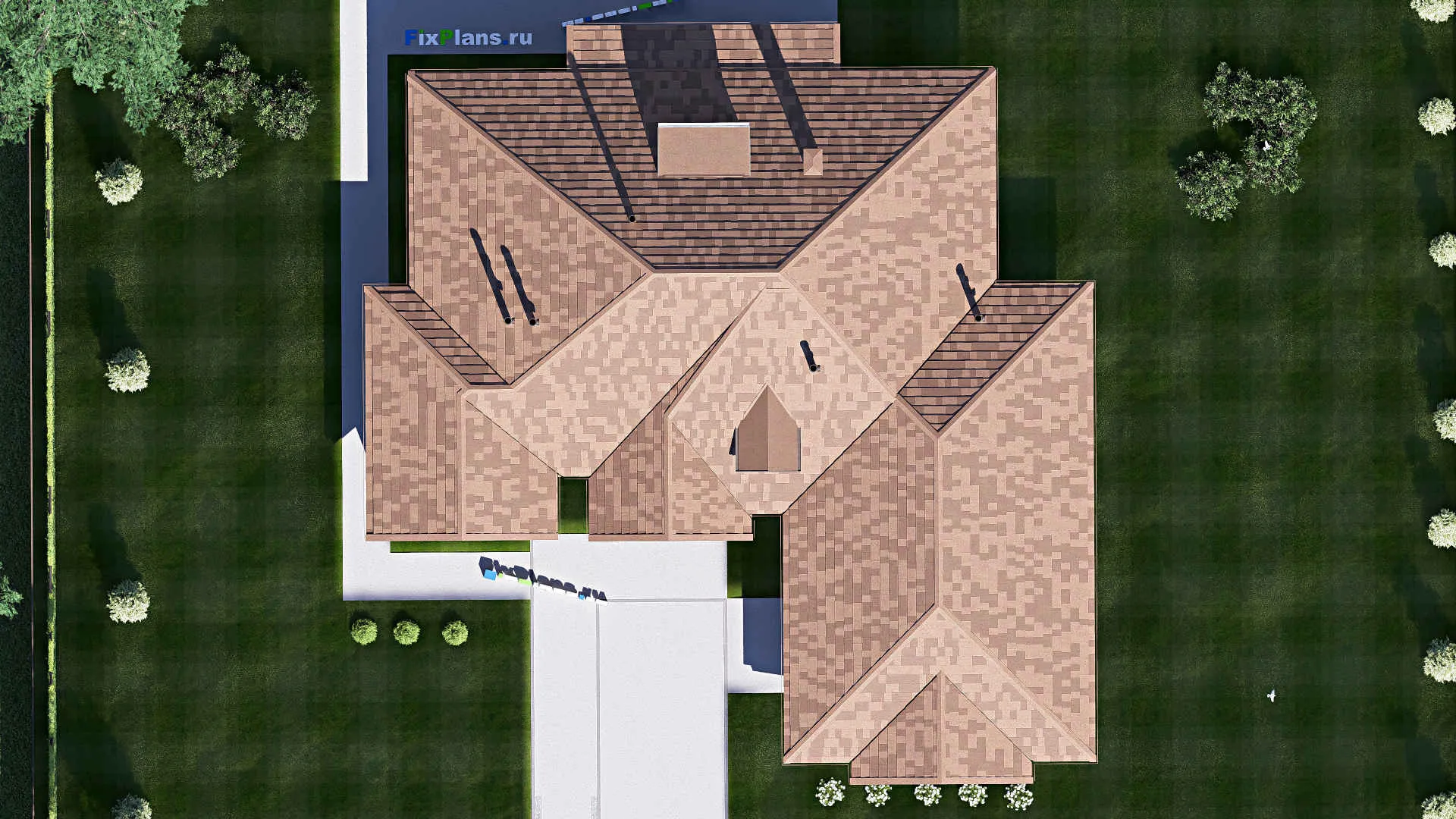 F-19808 - Проект дома с мансардой 22 на 23, площадью 330 м² с террасой, гаражом на 2 машины и 3 спальнями